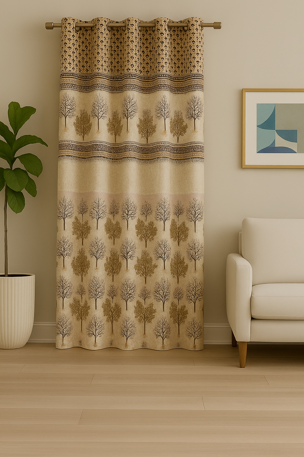 Jacquard Leaf Design Door Curtain | Luxury Textured Fabric | Ready-to-Hang Grommet Curtain (Single Panel, 7 Feet, Beige-White with Gold & Maroon Embroidery)