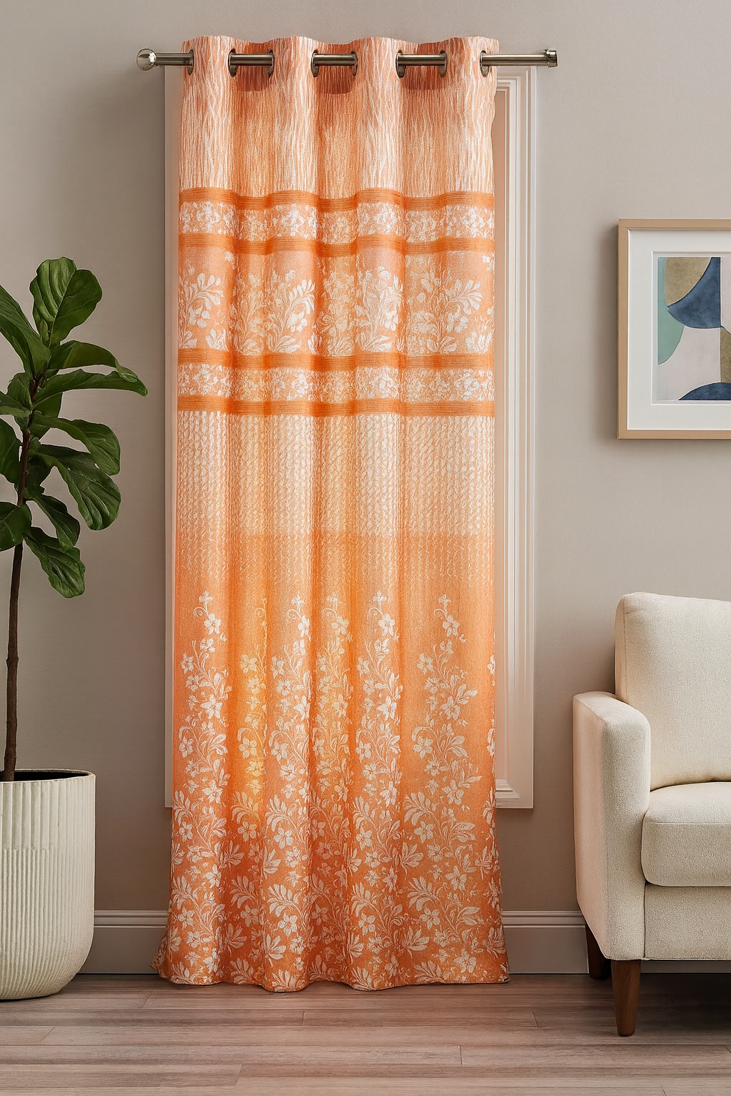 Luxury Orange Floral Door Curtain | Premium Fabric | Grommet Top Design | 7*4ft | Pack of 1