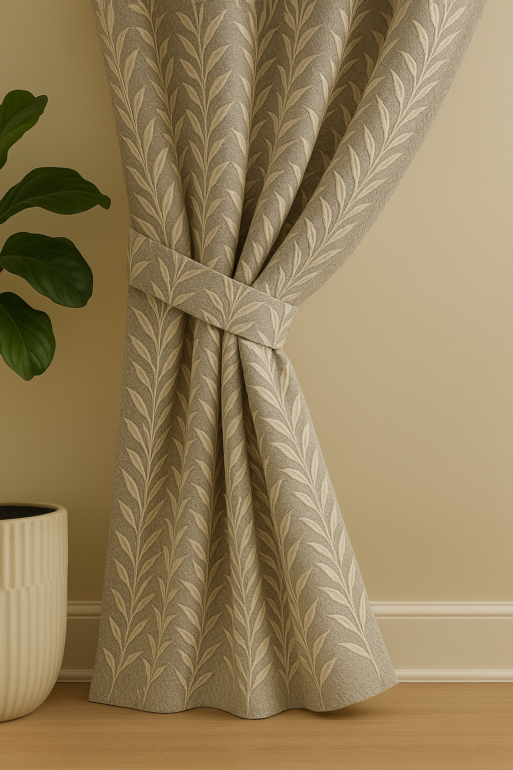 Premium Jacquard Leaf Curtain with Tie Back | Grey Textured Fabric with Cream Threadwork | Grommet Top | 7*4ft