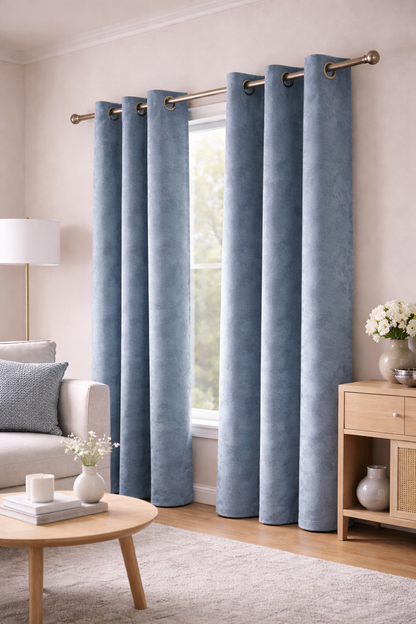 Mist Blue Emboss Luxury Curtain | Textured Fabric | Grommet Top | Pack of 1 | 7 * 4ft for Doors | Dusky Blue Colour | Tie Back Included |