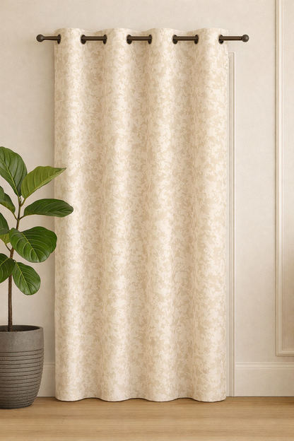 Blackout Emboss Grommet Luxury Curtain | Textured Fabric | Grommet Top | Pack of 1 | 7 * 4ft for Doors | Off-White Colour | Tie Back Included