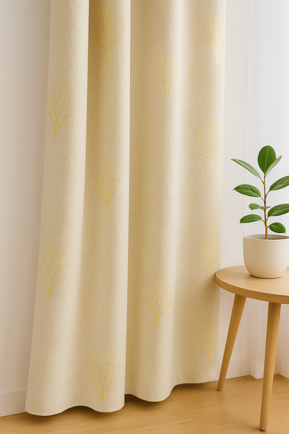 Premium Embossed Foil Print Blackout Curtain | Living Room & Bedroom – Heavy GSM | Cream with Gold Coral Design | 7*4ft | Grommet top | Pack of 1