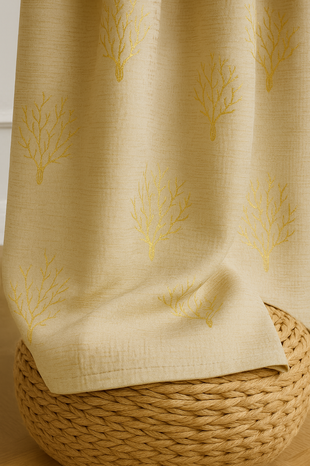 Premium Embossed Foil Print Blackout Curtain | Living Room & Bedroom – Heavy GSM | Cream with Gold Coral Design | 7*4ft | Grommet top | Pack of 1