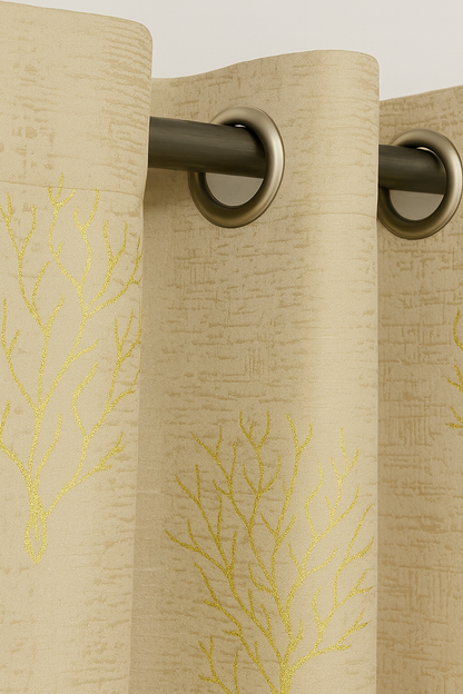 Premium Embossed Foil Print Blackout Curtain | Living Room & Bedroom – Heavy GSM | Cream with Gold Coral Design | 7*4ft | Grommet top | Pack of 1