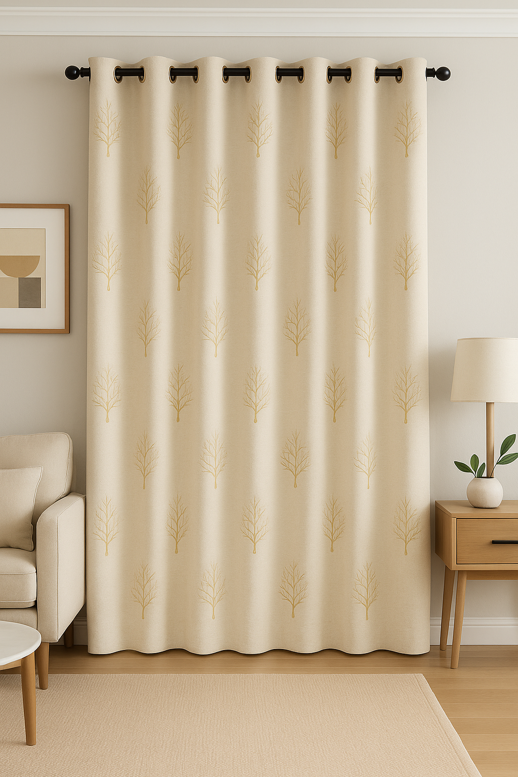 Premium Embossed Foil Print Blackout Curtain | Living Room & Bedroom – Heavy GSM | Cream with Gold Coral Design | 7*4ft | Grommet top | Pack of 1