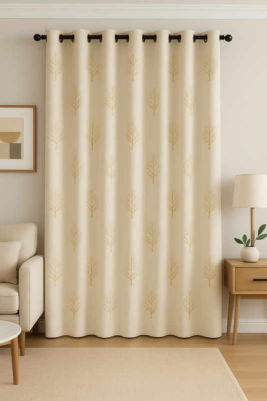 Premium Embossed Foil Print Blackout Curtain | Living Room & Bedroom – Heavy GSM | Cream with Gold Coral Design | 7*4ft | Grommet top | Pack of 1