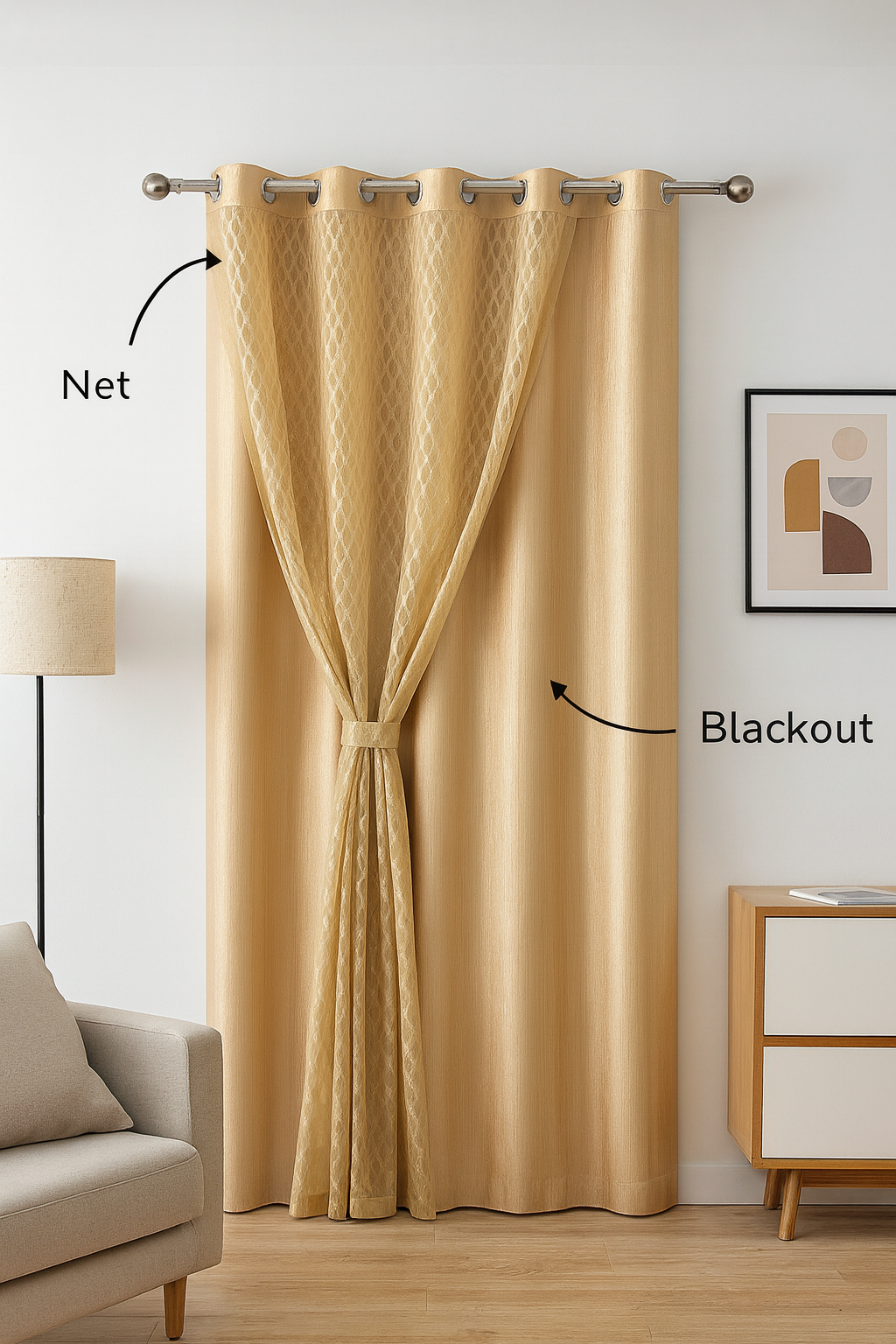 Double Layer Blackout Curtains with Net Overlay | Cream Colour | Grommet top | 5 * 4ft Window Size | Pack of 1