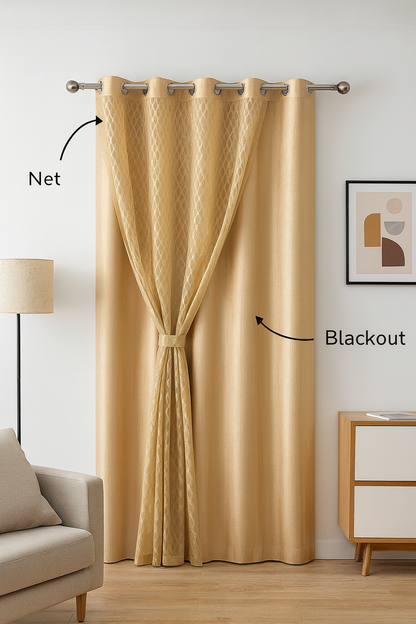 Double Layer Blackout Curtains with Net Overlay | Cream Colour | Grommet top | 5 * 4ft Window Size | Pack of 1