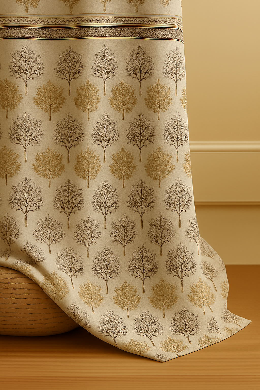Jacquard Leaf Design Door Curtain | Luxury Textured Fabric | Ready-to-Hang Grommet Curtain (Single Panel, 7 Feet, Beige-White with Gold & Maroon Embroidery)