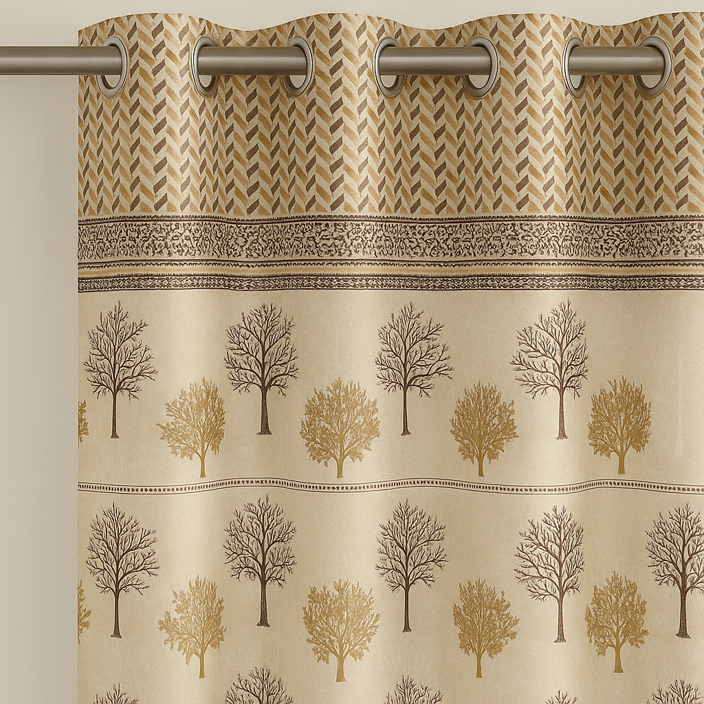 Jacquard Leaf Design Door Curtain | Luxury Textured Fabric | Ready-to-Hang Grommet Curtain (Single Panel, 7 Feet, Beige-White with Gold & Maroon Embroidery)