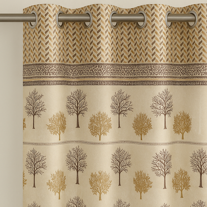 Jacquard Leaf Design Door Curtain | Luxury Textured Fabric | Ready-to-Hang Grommet Curtain (Single Panel, 7 Feet, Beige-White with Gold & Maroon Embroidery)