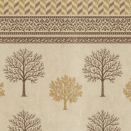 Jacquard Leaf Design Door Curtain | Luxury Textured Fabric | Ready-to-Hang Grommet Curtain (Single Panel, 7 Feet, Beige-White with Gold & Maroon Embroidery)