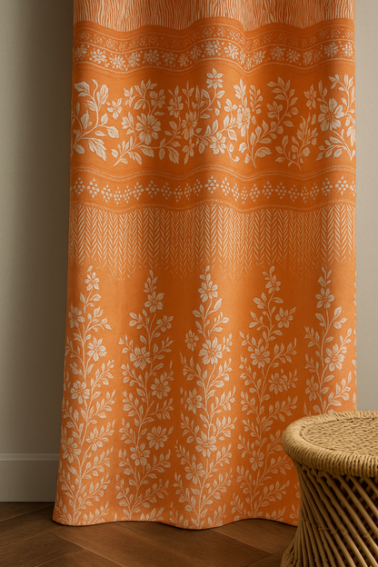 Luxury Orange Floral Door Curtain | Premium Fabric | Grommet Top Design | 7*4ft | Pack of 1