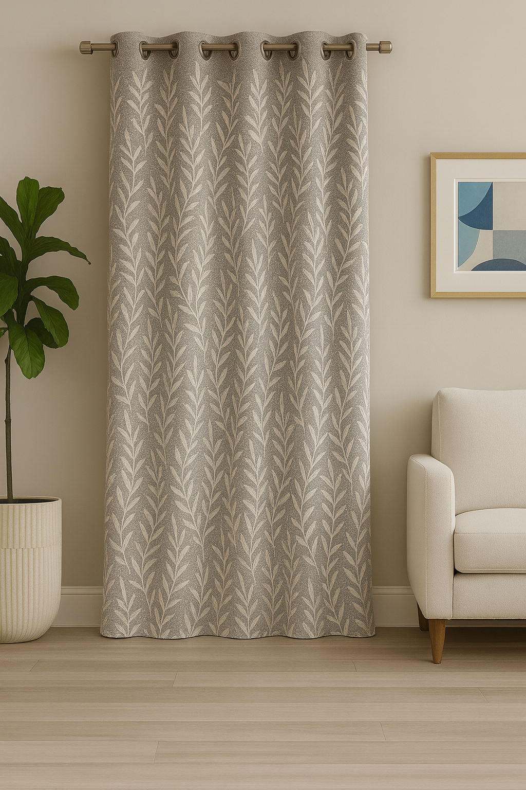 Premium Jacquard Leaf Curtain with Tie Back | Grey Textured Fabric with Cream Threadwork | Grommet Top | 7*4ft