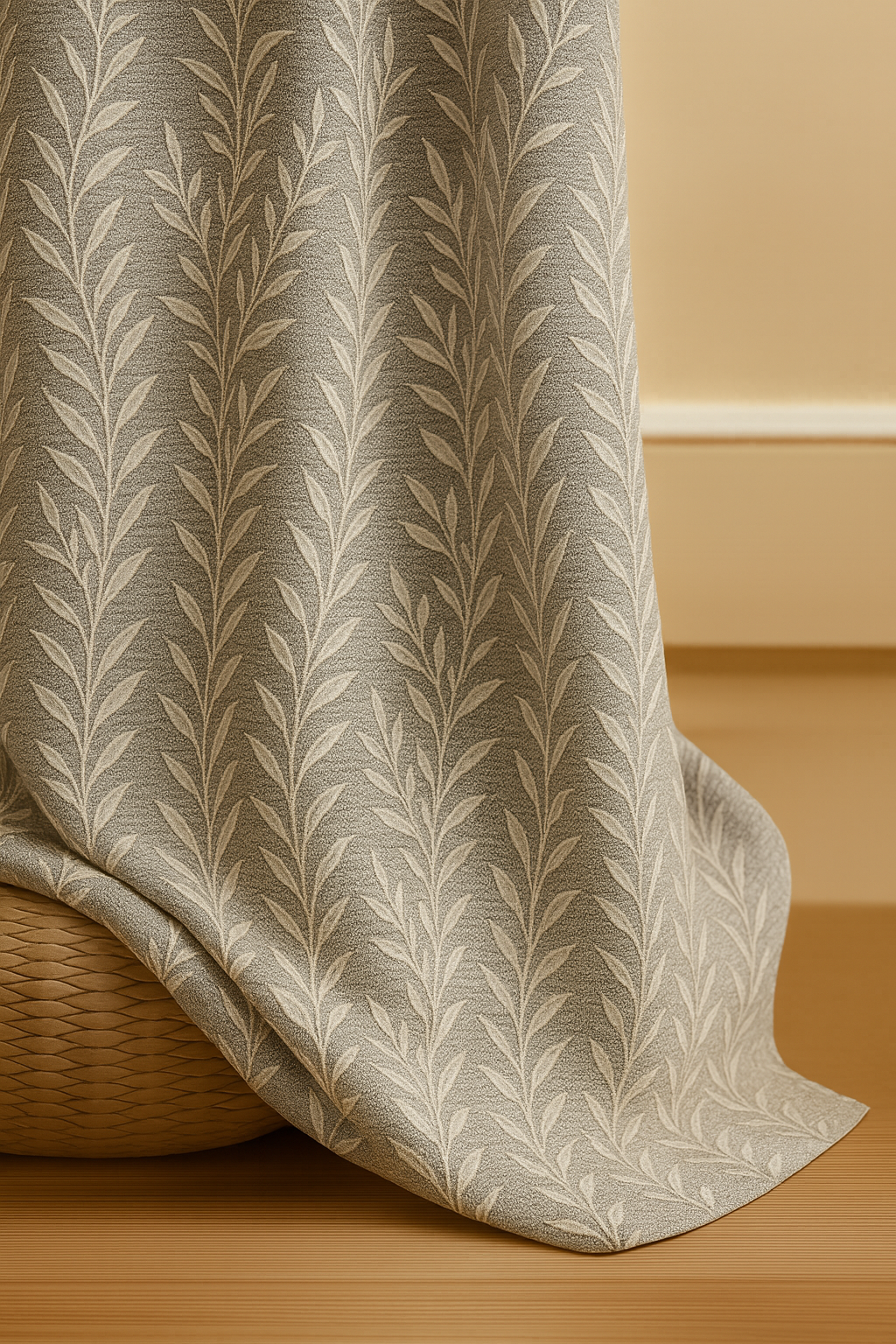 Premium Jacquard Leaf Curtain with Tie Back | Grey Textured Fabric with Cream Threadwork | Grommet Top | 7*4ft