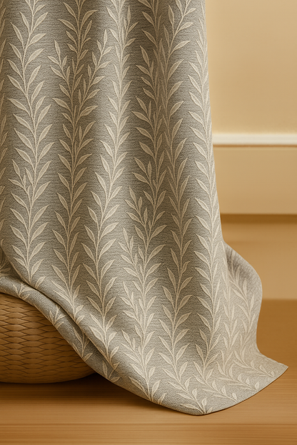 Premium Jacquard Leaf Curtain with Tie Back | Grey Textured Fabric with Cream Threadwork | Grommet Top | 7*4ft