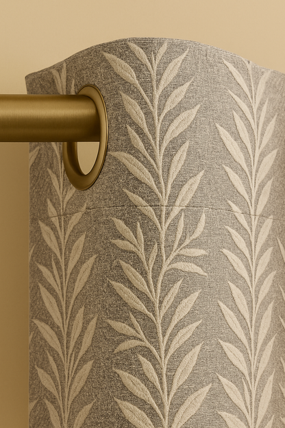Premium Jacquard Leaf Curtain with Tie Back | Grey Textured Fabric with Cream Threadwork | Grommet Top | 7*4ft