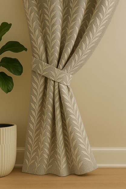 Premium Jacquard Leaf Curtain with Tie Back | Grey Textured Fabric with Cream Threadwork | Grommet Top | 7*4ft
