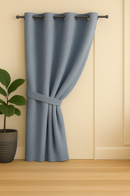 Mist Blue Emboss Luxury Curtain | Textured Fabric | Grommet Top | Pack of 1 | 7 * 4ft for Doors | Dusky Blue Colour | Tie Back Included |