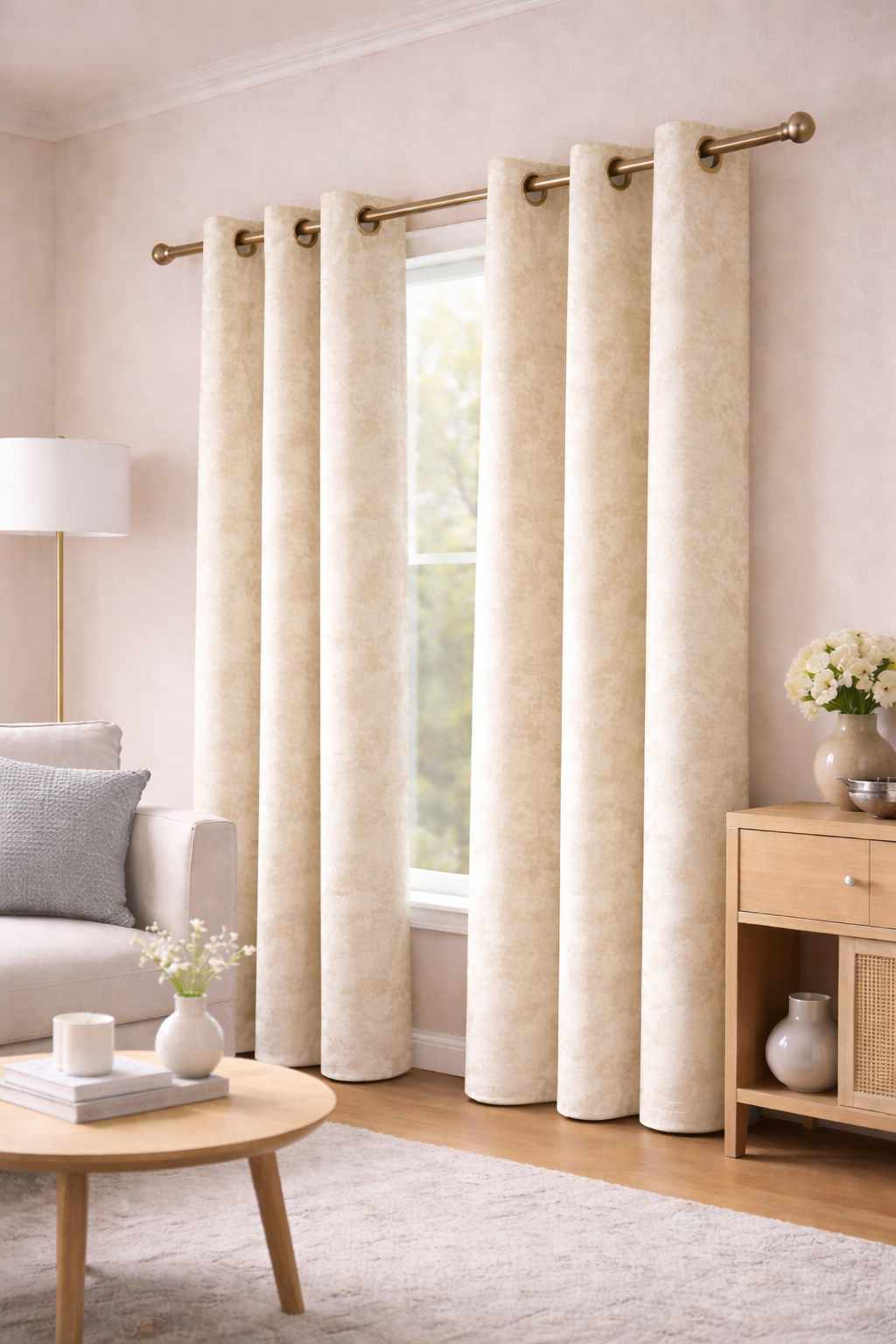 Blackout Emboss Grommet Luxury Curtain | Textured Fabric | Grommet Top | Pack of 1 | 7 * 4ft for Doors | Off-White Colour | Tie Back Included