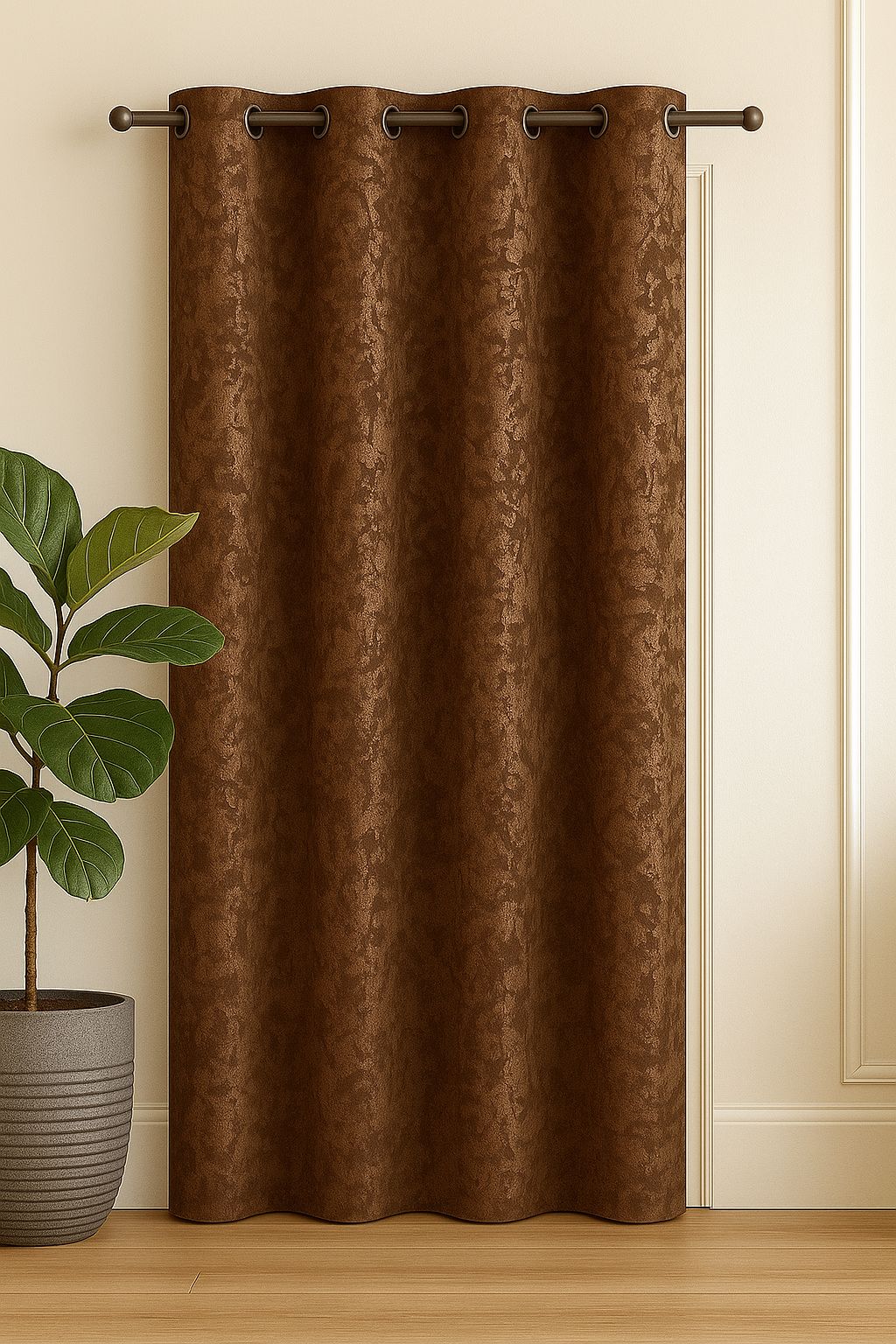 Blackout Emboss Grommet Curtain | Textured Fabric | Grommet Top | Pack of 1 | 7 * 4ft for Doors | Brown Colour | Tie Back Included | (Brown, 7ft)