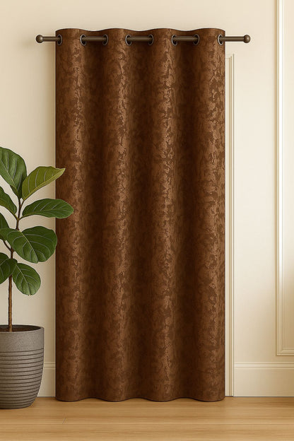 Blackout Emboss Grommet Curtain | Textured Fabric | Grommet Top | Pack of 1 | 7 * 4ft for Doors | Brown Colour | Tie Back Included | (Brown, 7ft)