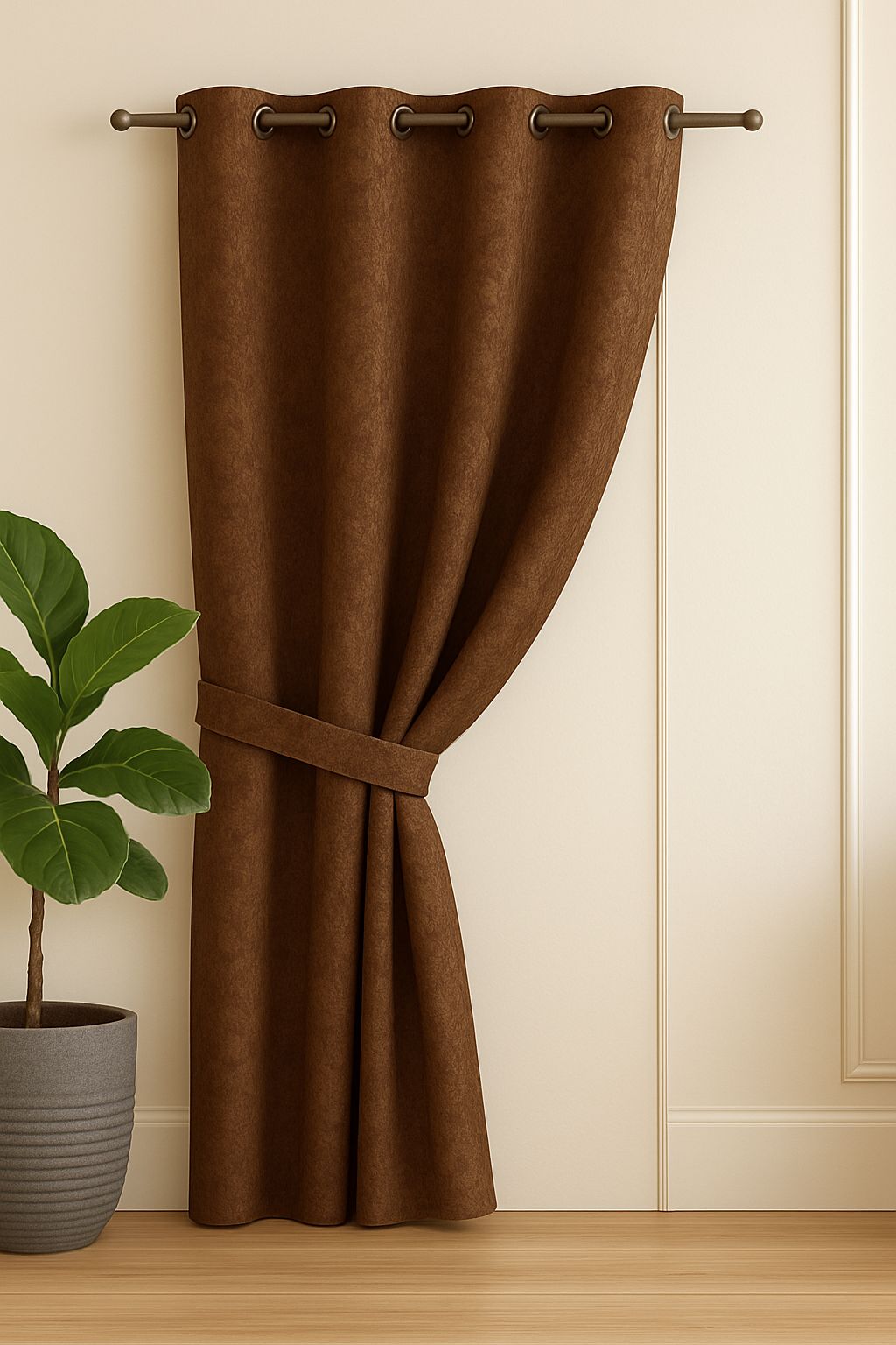 Blackout Emboss Grommet Curtain | Textured Fabric | Grommet Top | Pack of 1 | 7 * 4ft for Doors | Brown Colour | Tie Back Included | (Brown, 7ft)