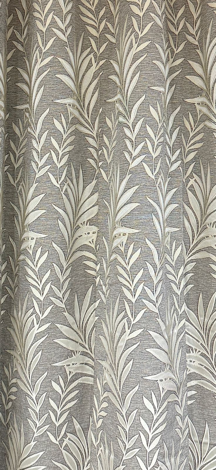 Premium Jacquard Leaf Curtain with Tie Back | Grey Textured Fabric with Cream Threadwork | Grommet Top | 7*4ft