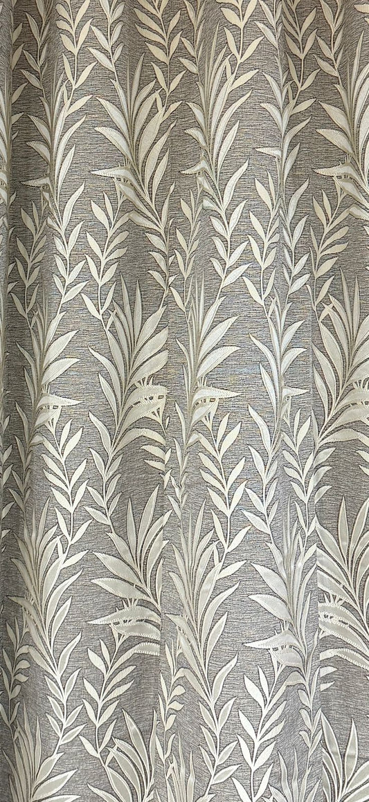 Premium Jacquard Leaf Curtain with Tie Back | Grey Textured Fabric with Cream Threadwork | Grommet Top | 7*4ft